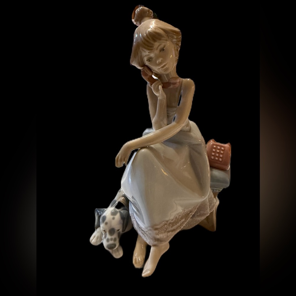 Charming Lladro Ceramic Girl with Dog Figurine - Cream and Blue RETIRED
